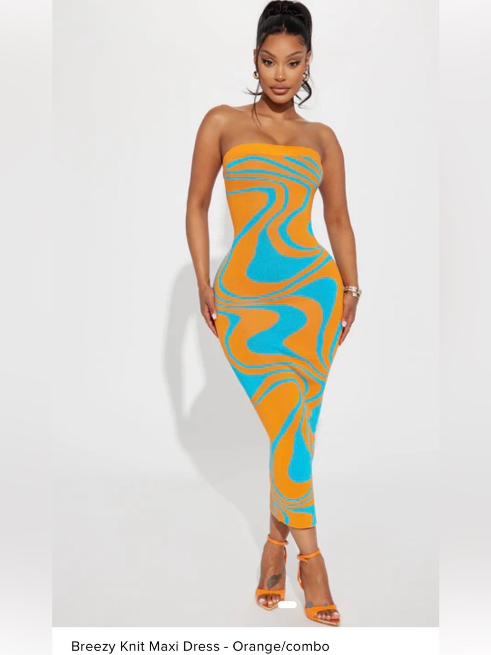Fashion Nova Breezy Strapless Knit Maxi Dress - Orange & Turquoise